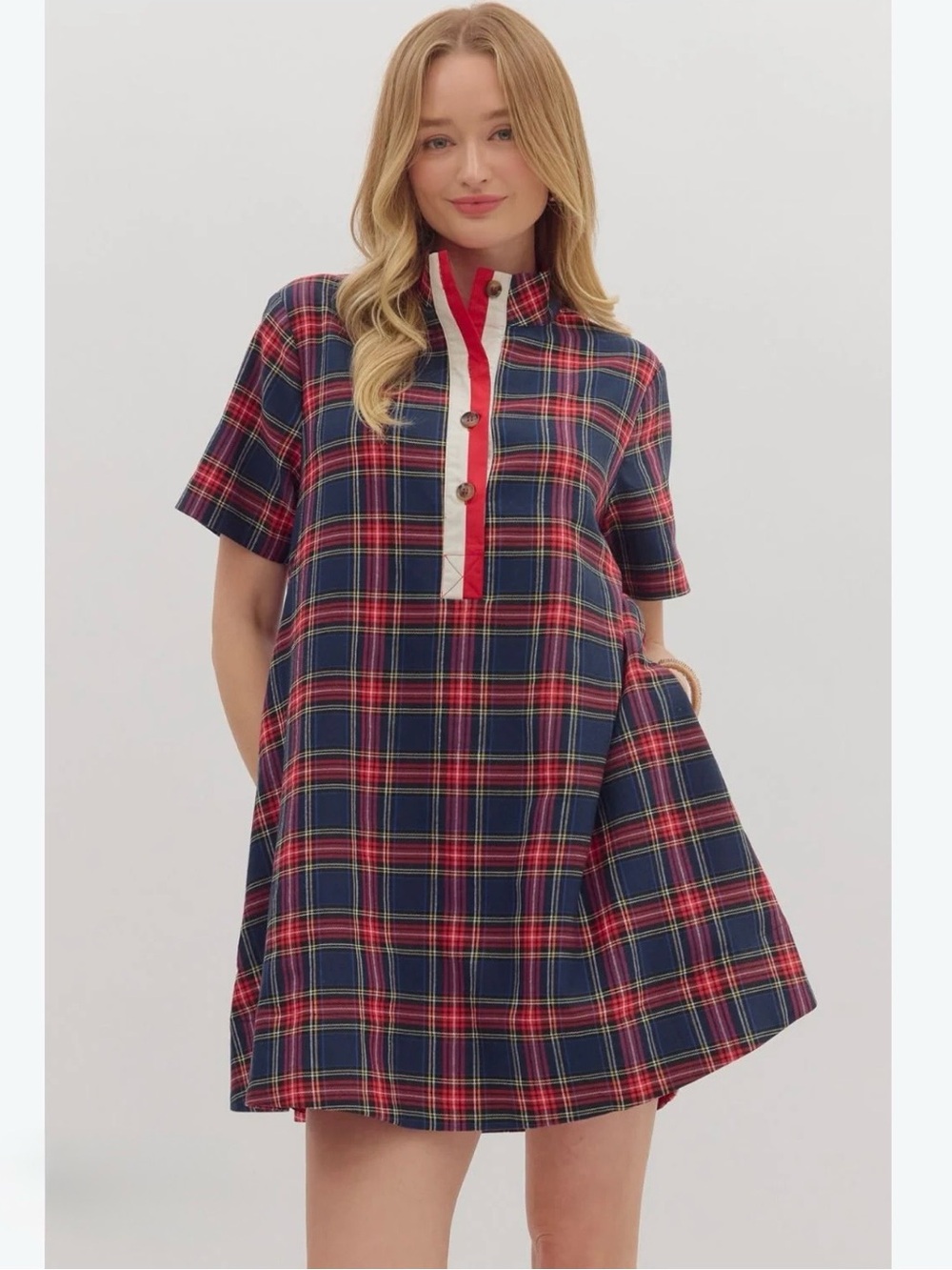 Entro Navy and Red Plaid Swing Mini Dress Size L